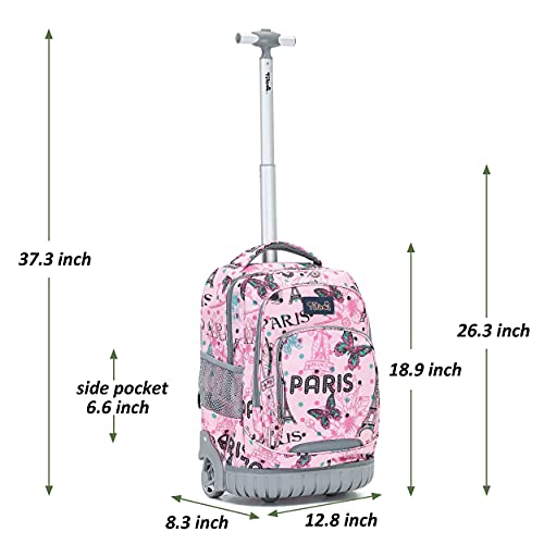 NEW TILAMI Rolling Backpack for Kids, Cute 18 Inches Boys Wheeled Laptop Backpack for Girls Travel School Student Trip Bag, Pink Paris