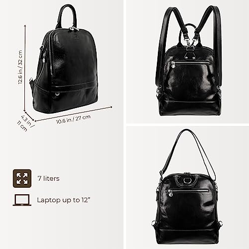 Time Resistance Leather Backpack Convertible to Shoulder Bag Full Grain Real Leather Travel Versatile Bag (Black)