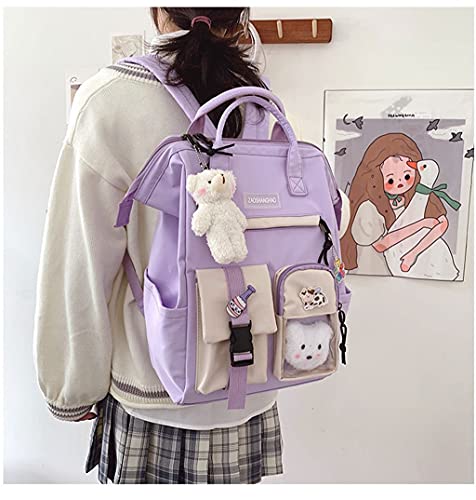 CM C&M WODRO Kawaii Backpack for Girls Women with Pin Bear Accessories Cute College High School Backpack Laptop Bookbag Purple