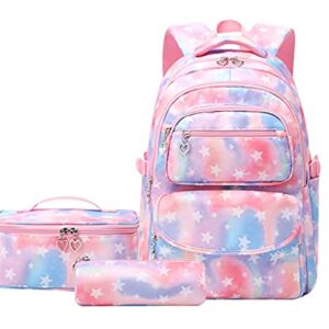 JiaYou School Backpack Sets 3pcs Stars Prints Daypack For Teens Girls Primary School Students(Pink Stars,22 Liters)