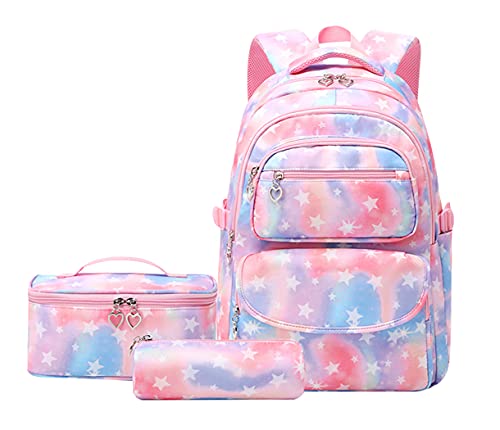 JiaYou School Backpack Sets 3pcs Stars Prints Daypack For Teens Girls Primary School Students(Pink Stars,22 Liters)