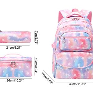 JiaYou School Backpack Sets 3pcs Stars Prints Daypack For Teens Girls Primary School Students(Pink Stars,22 Liters)