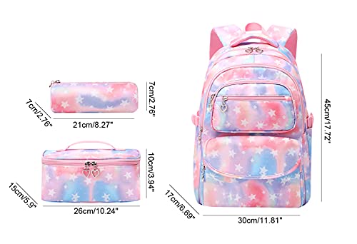 JiaYou School Backpack Sets 3pcs Stars Prints Daypack For Teens Girls Primary School Students(Pink Stars,22 Liters)