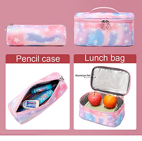 JiaYou School Backpack Sets 3pcs Stars Prints Daypack For Teens Girls Primary School Students(Pink Stars,22 Liters)