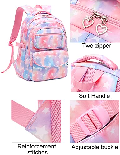 JiaYou School Backpack Sets 3pcs Stars Prints Daypack For Teens Girls Primary School Students(Pink Stars,22 Liters)