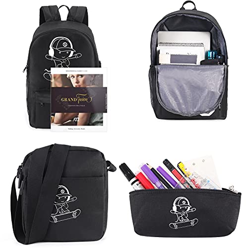 Pawsky Skateboard Anime Luminous Backpack School Backpack with USB Charging Port, Anti Theft Lock, Sling Bag & Pencil Case for Teen Boys and Girls, College School Bookbag Lightweight Laptop Bag, Black