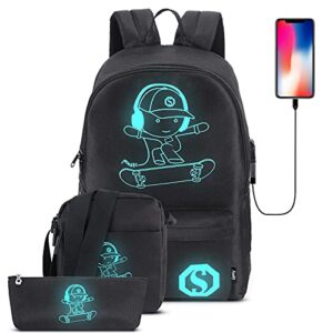 pawsky skateboard anime luminous backpack school backpack with usb charging port, anti theft lock, sling bag & pencil case for teen boys and girls, college school bookbag lightweight laptop bag, black