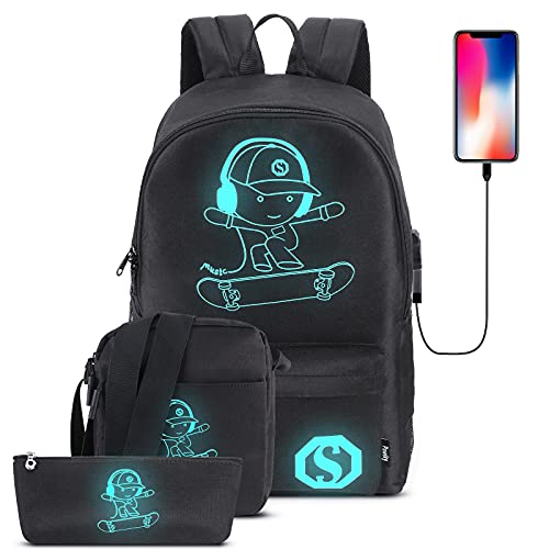 Pawsky Skateboard Anime Luminous Backpack School Backpack with USB Charging Port, Anti Theft Lock, Sling Bag & Pencil Case for Teen Boys and Girls, College School Bookbag Lightweight Laptop Bag, Black