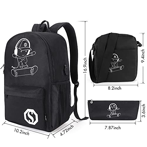 Pawsky Skateboard Anime Luminous Backpack School Backpack with USB Charging Port, Anti Theft Lock, Sling Bag & Pencil Case for Teen Boys and Girls, College School Bookbag Lightweight Laptop Bag, Black