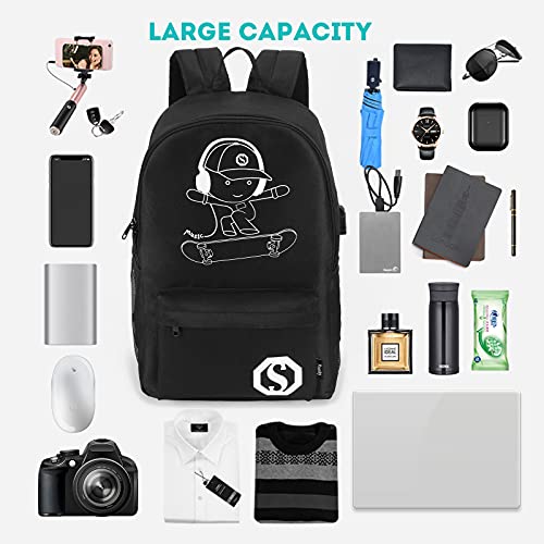 Pawsky Skateboard Anime Luminous Backpack School Backpack with USB Charging Port, Anti Theft Lock, Sling Bag & Pencil Case for Teen Boys and Girls, College School Bookbag Lightweight Laptop Bag, Black