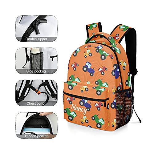 Personalized Orange Tractors Backpack School Bag with Name Waterproof Travel Daypack Bag for Man Woman Gifts