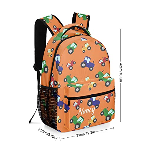 Personalized Orange Tractors Backpack School Bag with Name Waterproof Travel Daypack Bag for Man Woman Gifts