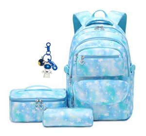 mitowermi star-print backpack for girls elementary school bookbags middle-school backpacks with lunch box pencil case many compartments blue