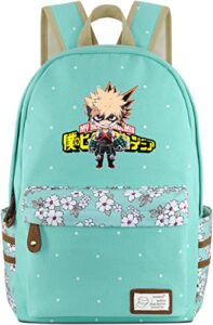 roffatide anime my hero academia katsuki bakugo backpack canvas dots backpack green rucksack printed bookbag flower pattern schoolbag