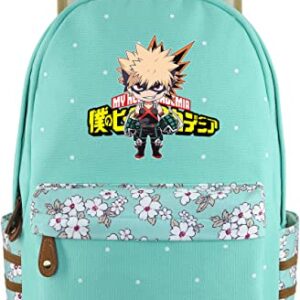 Roffatide Anime My Hero Academia Katsuki Bakugo Backpack Canvas Dots Backpack Green Rucksack Printed Bookbag Flower Pattern Schoolbag