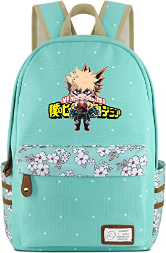 Roffatide Anime My Hero Academia Katsuki Bakugo Backpack Canvas Dots Backpack Green Rucksack Printed Bookbag Flower Pattern Schoolbag