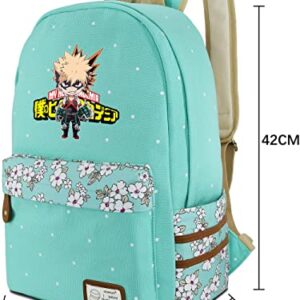 Roffatide Anime My Hero Academia Katsuki Bakugo Backpack Canvas Dots Backpack Green Rucksack Printed Bookbag Flower Pattern Schoolbag