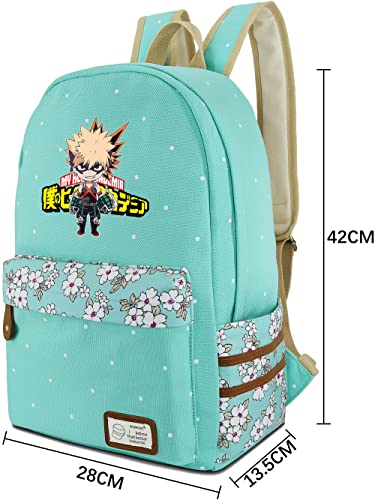 Roffatide Anime My Hero Academia Katsuki Bakugo Backpack Canvas Dots Backpack Green Rucksack Printed Bookbag Flower Pattern Schoolbag