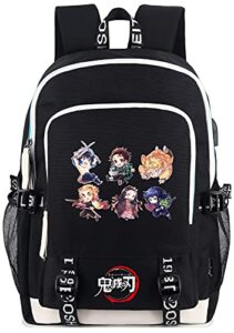 roffatide anime demon slayer printed backpack schoolbag laptop rucksack fit 15.6 inch with usb charging port & headphone port black