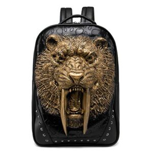 3d animal saber-toothed tiger backpack, studded pu leather cool laptop backpack college bookbag, gold, black