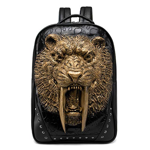 3D Animal Saber-toothed Tiger Backpack, Studded PU Leather Cool Laptop Backpack College Bookbag, Gold, Black