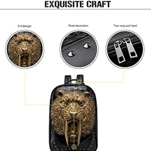 3D Animal Saber-toothed Tiger Backpack, Studded PU Leather Cool Laptop Backpack College Bookbag, Gold, Black