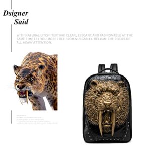 3D Animal Saber-toothed Tiger Backpack, Studded PU Leather Cool Laptop Backpack College Bookbag, Gold, Black