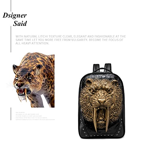 3D Animal Saber-toothed Tiger Backpack, Studded PU Leather Cool Laptop Backpack College Bookbag, Gold, Black