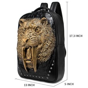 3D Animal Saber-toothed Tiger Backpack, Studded PU Leather Cool Laptop Backpack College Bookbag, Gold, Black