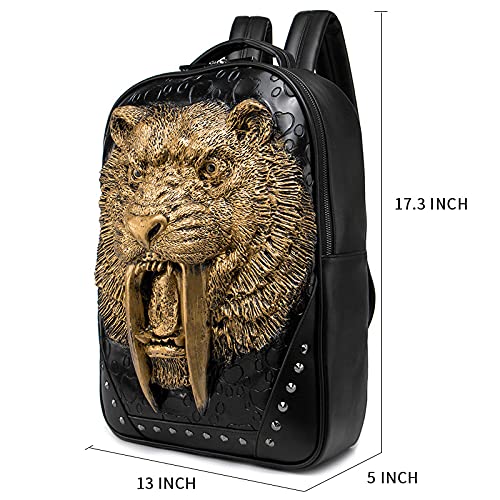 3D Animal Saber-toothed Tiger Backpack, Studded PU Leather Cool Laptop Backpack College Bookbag, Gold, Black