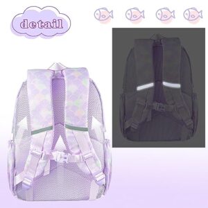 THE Crafts Girls Backpack Bookbag Set with Lunch Bag Pencil Case 3 in all for Elementary Primary Middle School Teenage(Purple Mermaid