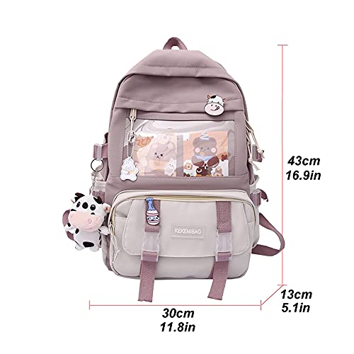 holygloomy Kawaii Backpack with Kawaii Pin and Accessories Kawaii Rucksack for Teen Girls School Bag Cute Aesthetic Backpack, Purple, 11.8''x17''x5''