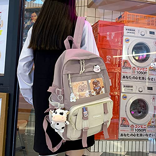 holygloomy Kawaii Backpack with Kawaii Pin and Accessories Kawaii Rucksack for Teen Girls School Bag Cute Aesthetic Backpack, Purple, 11.8''x17''x5''