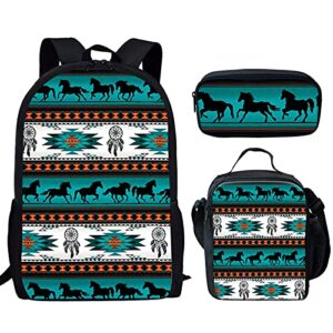 glenlcwe tribal native horse green aztec print backpack kids school backpack with lunch bag and pencils box lightweight