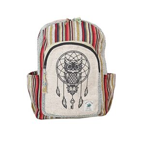 vibranic himalayan hemp laptop backpack - thc free - all natural handmade - 13"/15" laptop compartment - multi-pocket - dream catcher owl print sm - made in nepal