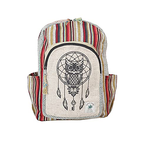 VIBRANIC Himalayan HEMP Laptop Backpack - THC Free - All Natural Handmade - 13"/15" Laptop Compartment - Multi-Pocket - Dream Catcher Owl Print SM - Made in Nepal