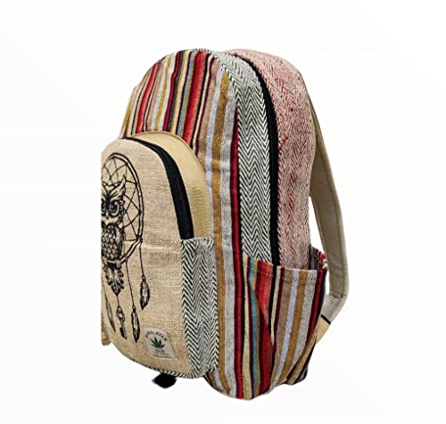 VIBRANIC Himalayan HEMP Laptop Backpack - THC Free - All Natural Handmade - 13"/15" Laptop Compartment - Multi-Pocket - Dream Catcher Owl Print SM - Made in Nepal