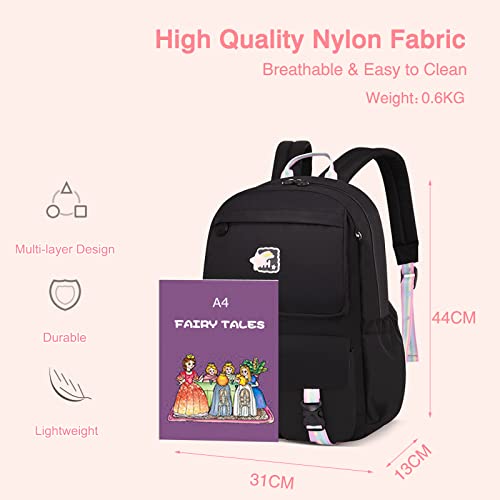 FANDARE School Bags Children's Backpacks Girls Boys Primary School Daypacks Student Lightweight Colourful Bookbag for 3-6 Grade Daughter Son Campus Travel Hiking Backpack Waterproof Nylon Black