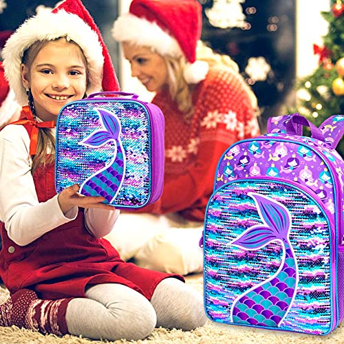 gxtvo 3PCS Mermaid Backpack for Girls, 16" Sequin Prechool Elementary Bookbag and Lunch Box