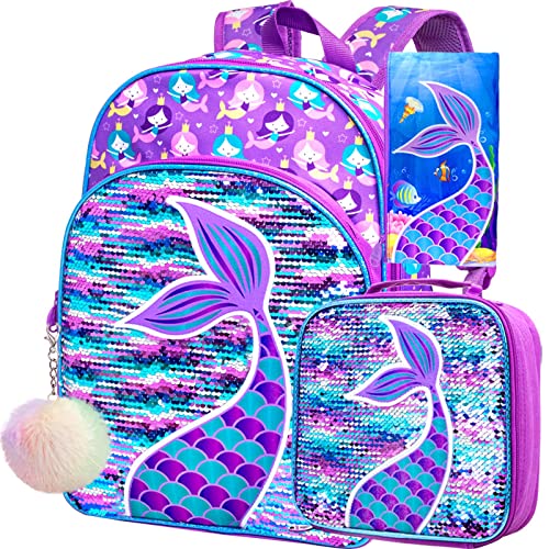 gxtvo 3PCS Mermaid Backpack for Girls, 16" Sequin Prechool Elementary Bookbag and Lunch Box