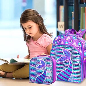 gxtvo 3PCS Mermaid Backpack for Girls, 16" Sequin Prechool Elementary Bookbag and Lunch Box