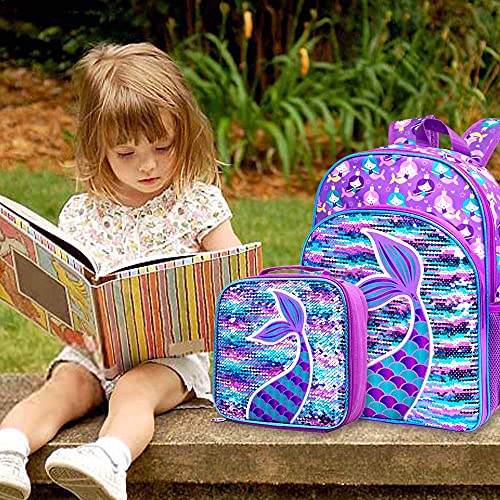 gxtvo 3PCS Mermaid Backpack for Girls, 16" Sequin Prechool Elementary Bookbag and Lunch Box