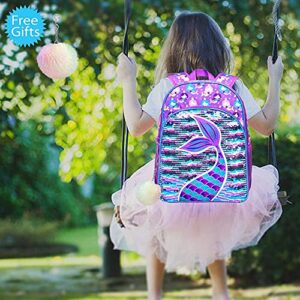gxtvo 3PCS Mermaid Backpack for Girls, 16" Sequin Prechool Elementary Bookbag and Lunch Box