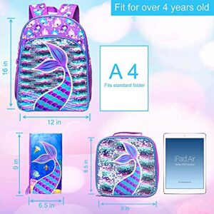 gxtvo 3PCS Mermaid Backpack for Girls, 16" Sequin Prechool Elementary Bookbag and Lunch Box