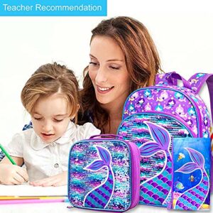 gxtvo 3PCS Mermaid Backpack for Girls, 16" Sequin Prechool Elementary Bookbag and Lunch Box