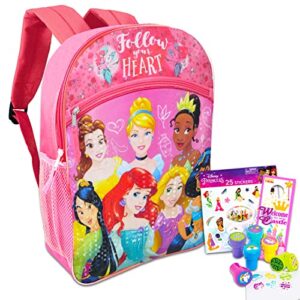 walt disney studio princess deluxe backpack for girls, kids - 4 pc bundle with 16'' school bag, 400+ stickers, unicorn stampers and more (disney travel supplies),
