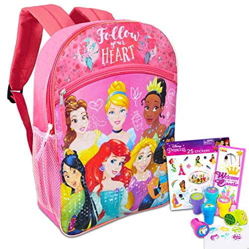 Walt Disney Studio Princess Deluxe Backpack For Girls, Kids - 4 Pc Bundle With 16'' School Bag, 400+ Stickers, Unicorn Stampers And More (Disney Travel Supplies),