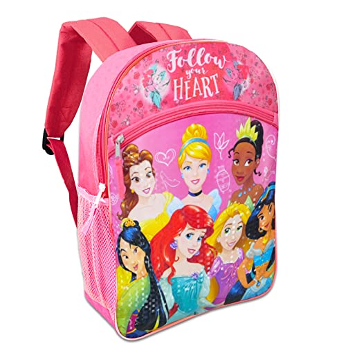 Walt Disney Studio Princess Deluxe Backpack For Girls, Kids - 4 Pc Bundle With 16'' School Bag, 400+ Stickers, Unicorn Stampers And More (Disney Travel Supplies),