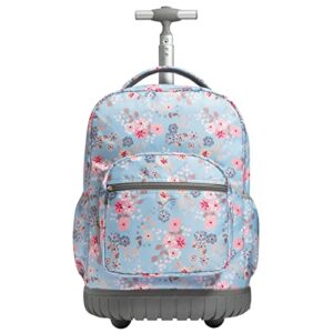 skymove 18 inches wheeled rolling backpack multi-compartment elementary books laptop roller bag short trip carry-on for women and girls, light blue flowers