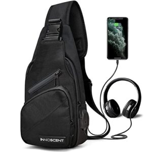 innoscent smell proof sling bag backpack - combination lock - shoulder crossbody bag with usb/headphone charging port black (black)